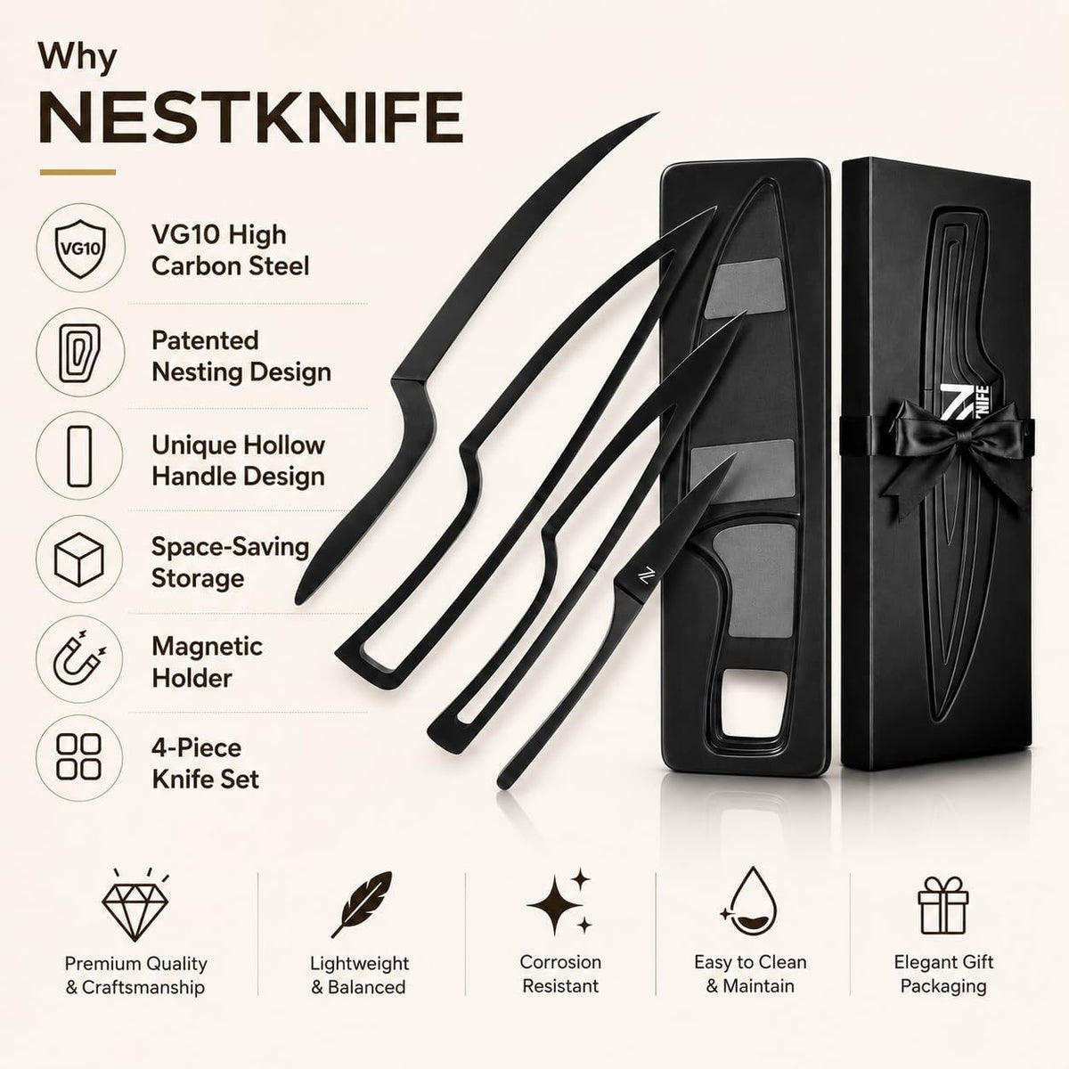✨Magnetic Kitchen Knife Set – 4 Piece High Carbon Stainless Steel Kitchen Knives🔪