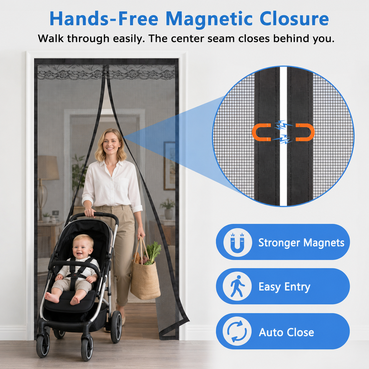 ✨Magnetic Mesh Screen Door, Hands-Free Self-Closing Door Screen with Strong Magnets