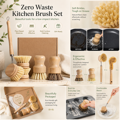 ✨Bamboo Kitchen Dish Scrubber Brush Set for Cleaning Dishes,Sink, Cast Iron Pan/Pot