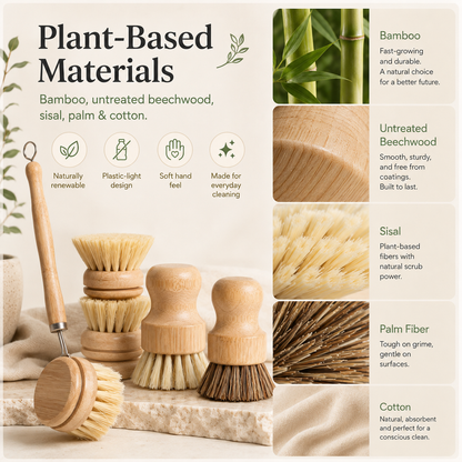 ✨Bamboo Kitchen Dish Scrubber Brush Set for Cleaning Dishes,Sink, Cast Iron Pan/Pot