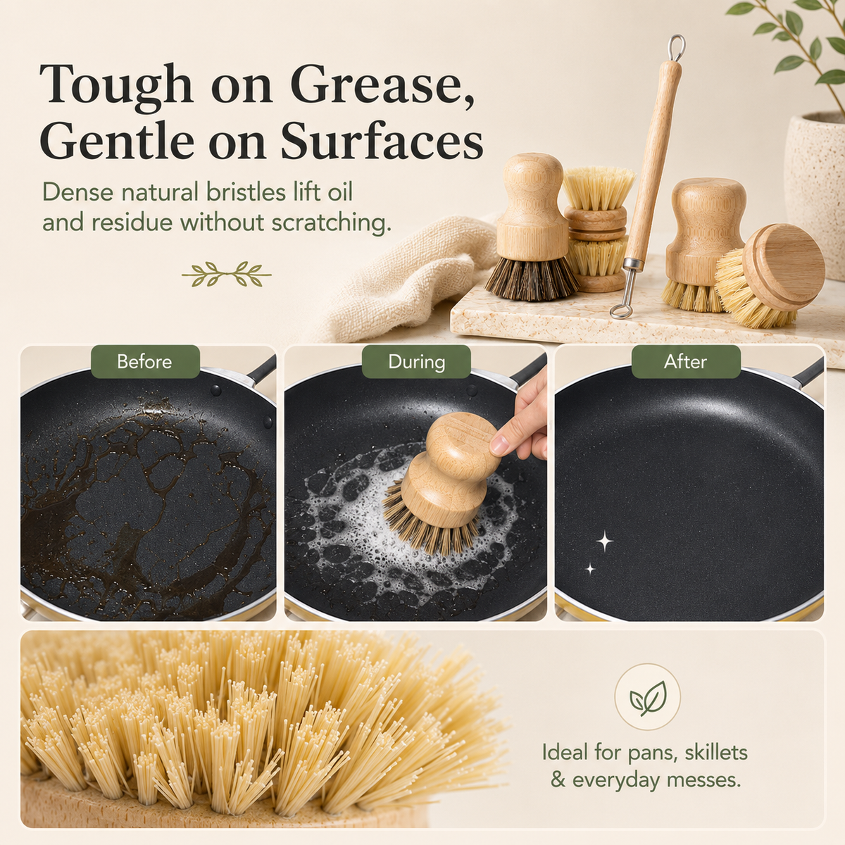 ✨Bamboo Kitchen Dish Scrubber Brush Set for Cleaning Dishes,Sink, Cast Iron Pan/Pot
