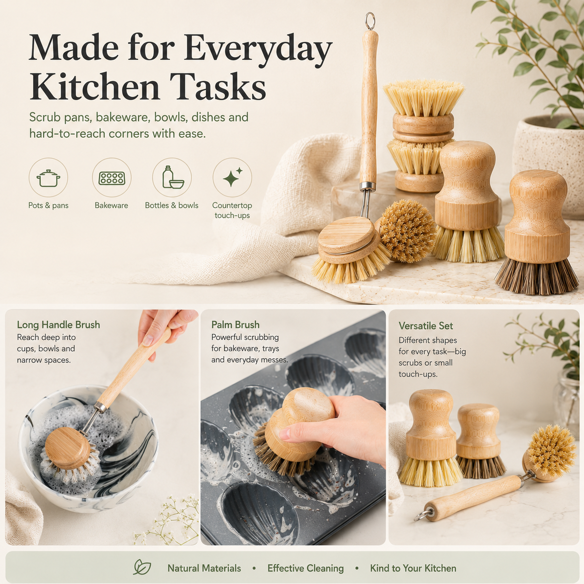 ✨Bamboo Kitchen Dish Scrubber Brush Set for Cleaning Dishes,Sink, Cast Iron Pan/Pot