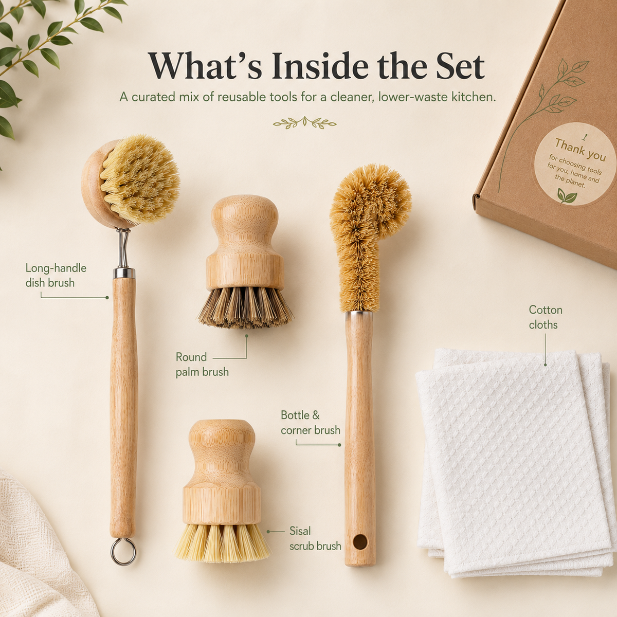 ✨Bamboo Kitchen Dish Scrubber Brush Set for Cleaning Dishes,Sink, Cast Iron Pan/Pot