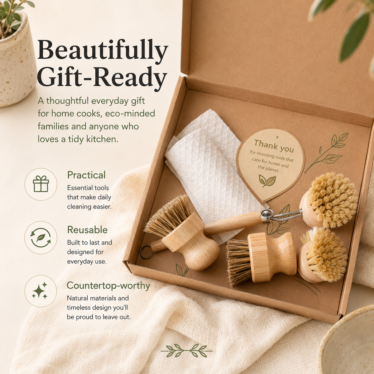 ✨Bamboo Kitchen Dish Scrubber Brush Set for Cleaning Dishes,Sink, Cast Iron Pan/Pot