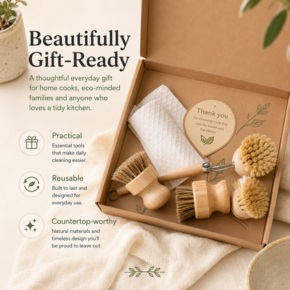 ✨Bamboo Kitchen Dish Scrubber Brush Set for Cleaning Dishes,Sink, Cast Iron Pan/Pot