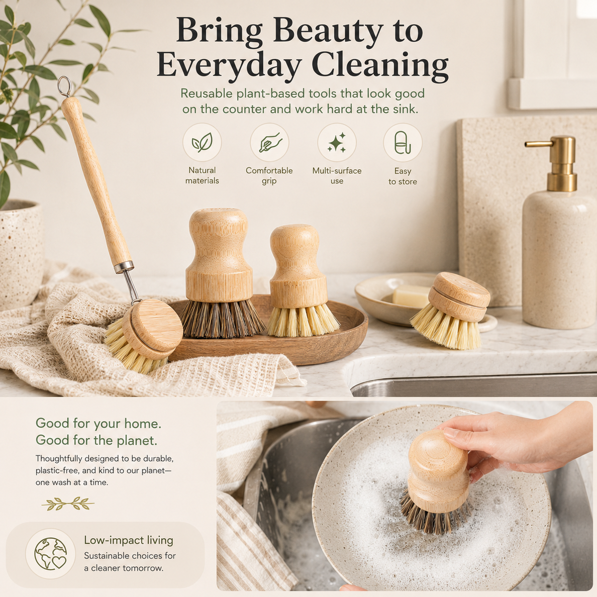 ✨Bamboo Kitchen Dish Scrubber Brush Set for Cleaning Dishes,Sink, Cast Iron Pan/Pot
