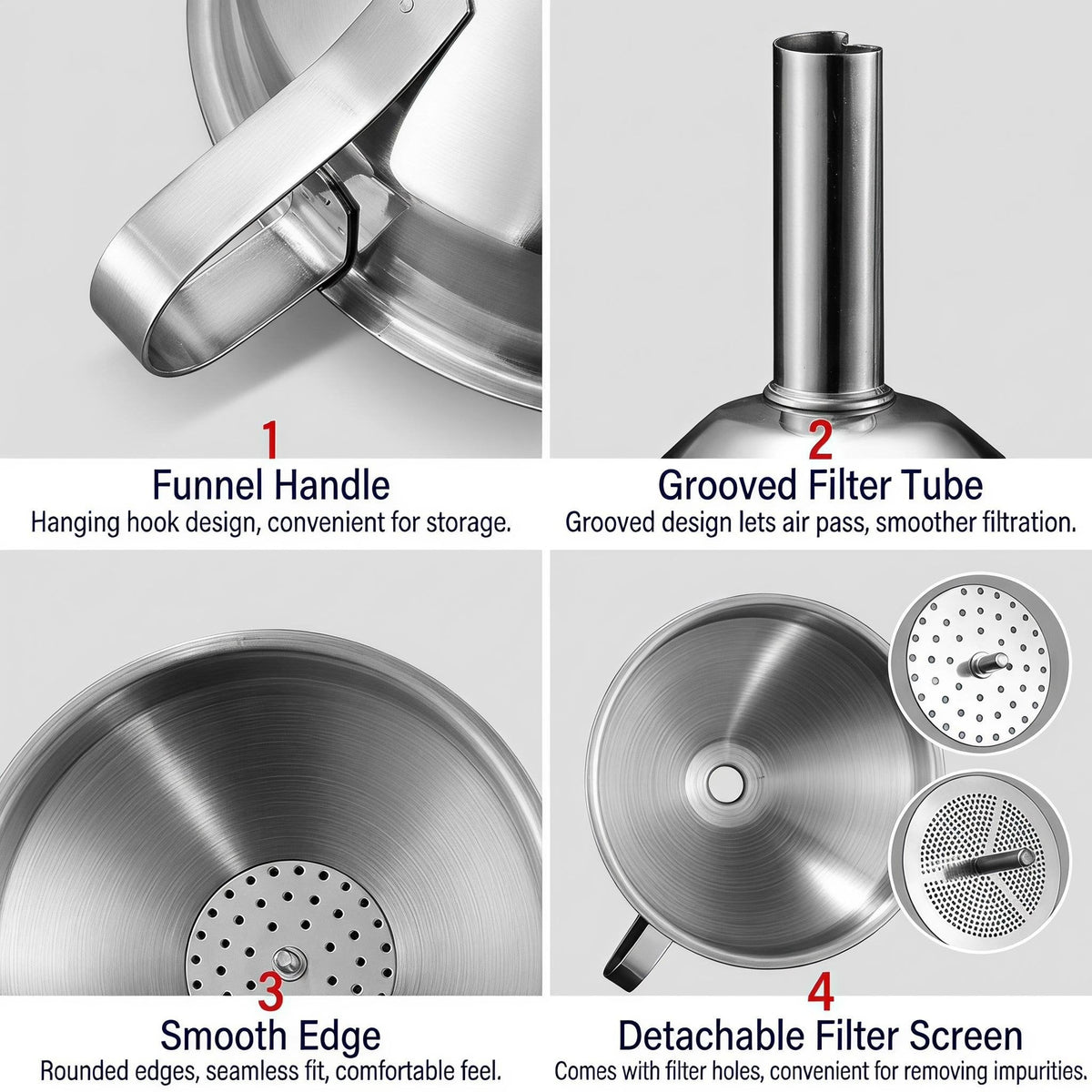 ✨Hot Sale 304 Stainless Steel Funnel with Filter Mesh – Kitchen Food Grade Metal Funnel for Oil, Alcohol, Jam & Spice Filling 🥄